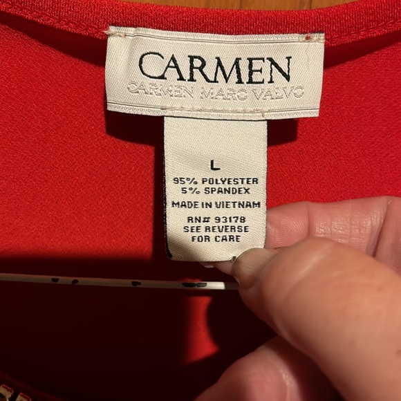 Carmen Marc Valvo Holiday Red Short Sleeve Blouse Christmas SzL - Picture 4 of 7